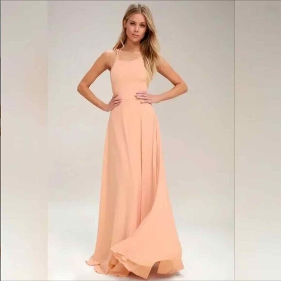 Lulus Bridesmaids Dress Maxi Open Back Lace up Blush Pink Peach Small - Picture 10 of 10